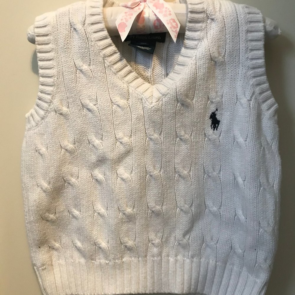 Polo White Cable V-neck Vest Sweater